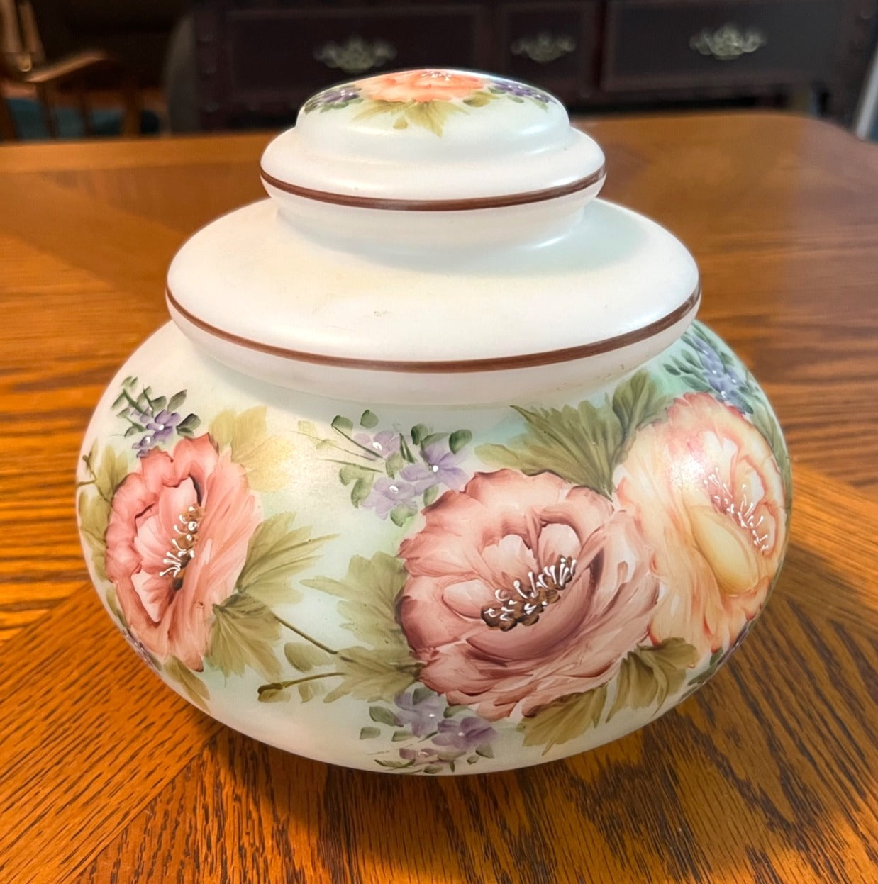 Vintage Hand Painted Milk Glass Lidded Biscuit Jar 7" high