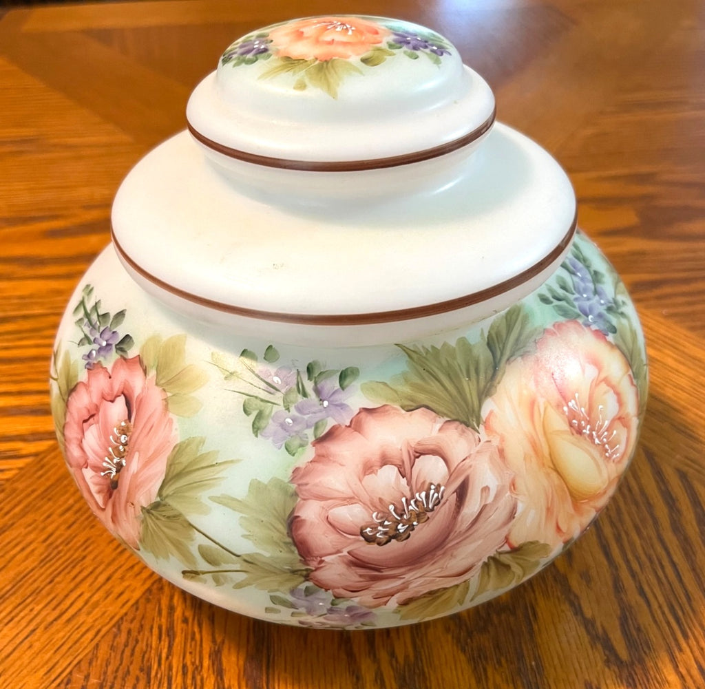 Vintage Hand Painted Milk Glass Lidded Biscuit Jar 7" high