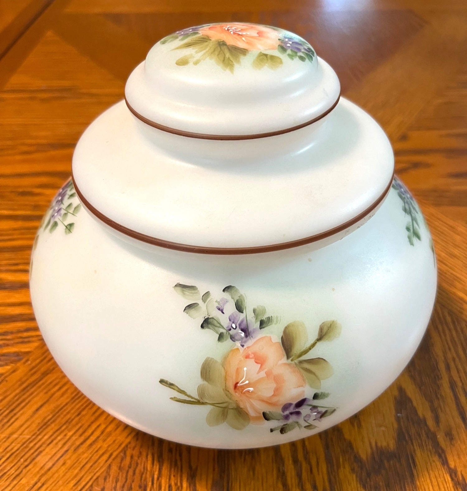 Vintage Hand Painted Milk Glass Lidded Biscuit Jar 7" high