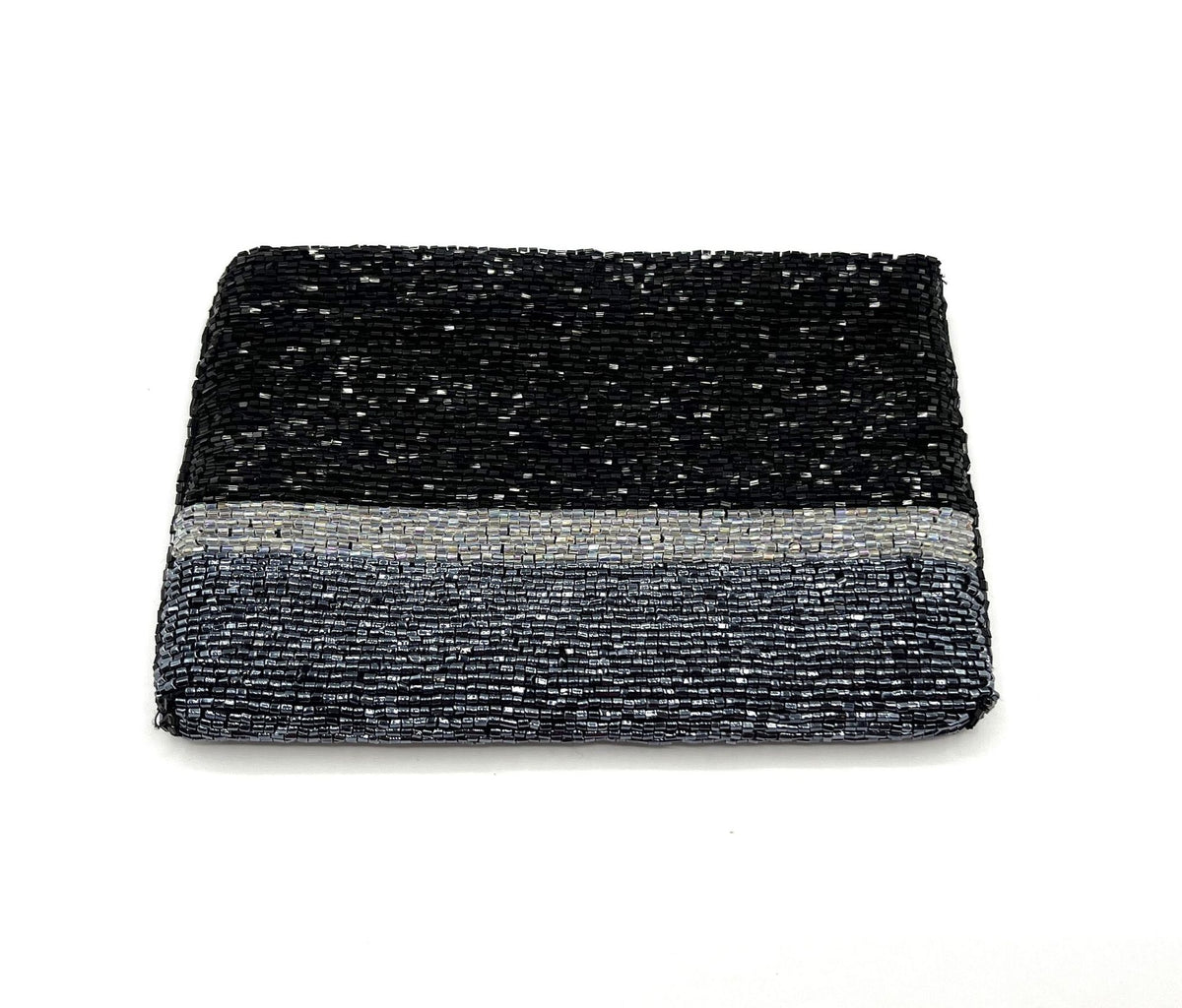 Beautiful Beaded Evening Clutch Bag Black, Iridescent White and Gray Beads Zipper Closure  6.5" x 4.5"