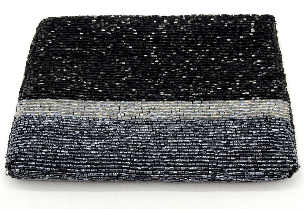 Beautiful Beaded Evening Clutch Bag Black, Iridescent White and Gray Beads Zipper Closure  6.5" x 4.5"