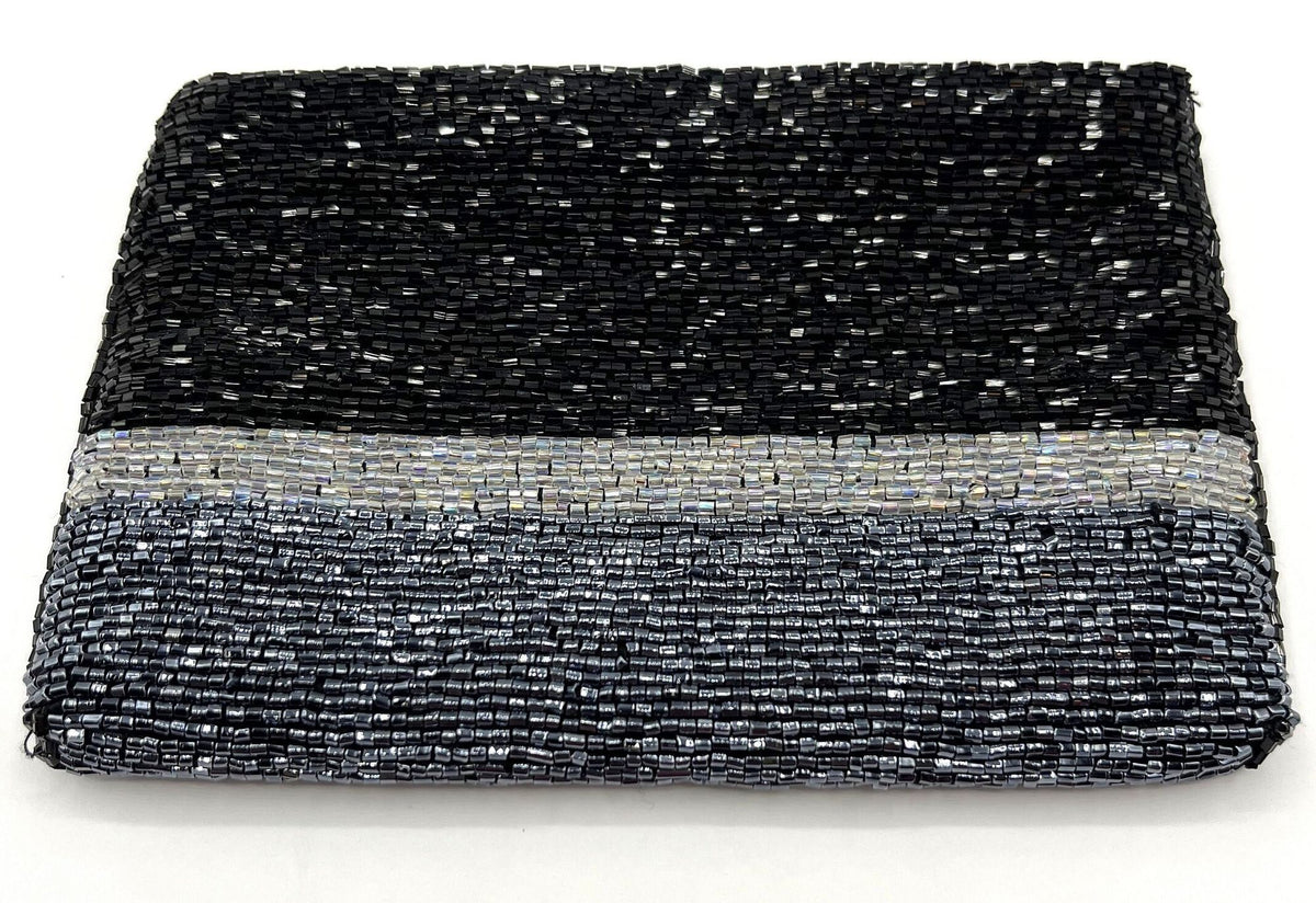 Beautiful Beaded Evening Clutch Bag Black, Iridescent White and Gray Beads Zipper Closure  6.5" x 4.5"