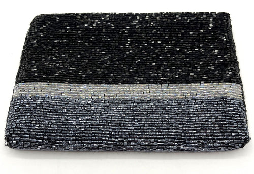 Beautiful Beaded Evening Clutch Bag Black, Iridescent White and Gray Beads Zipper Closure  6.5" x 4.5"