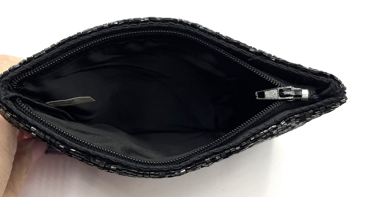 Beautiful Beaded Evening Clutch Bag Black, Iridescent White and Gray Beads Zipper Closure  6.5" x 4.5"