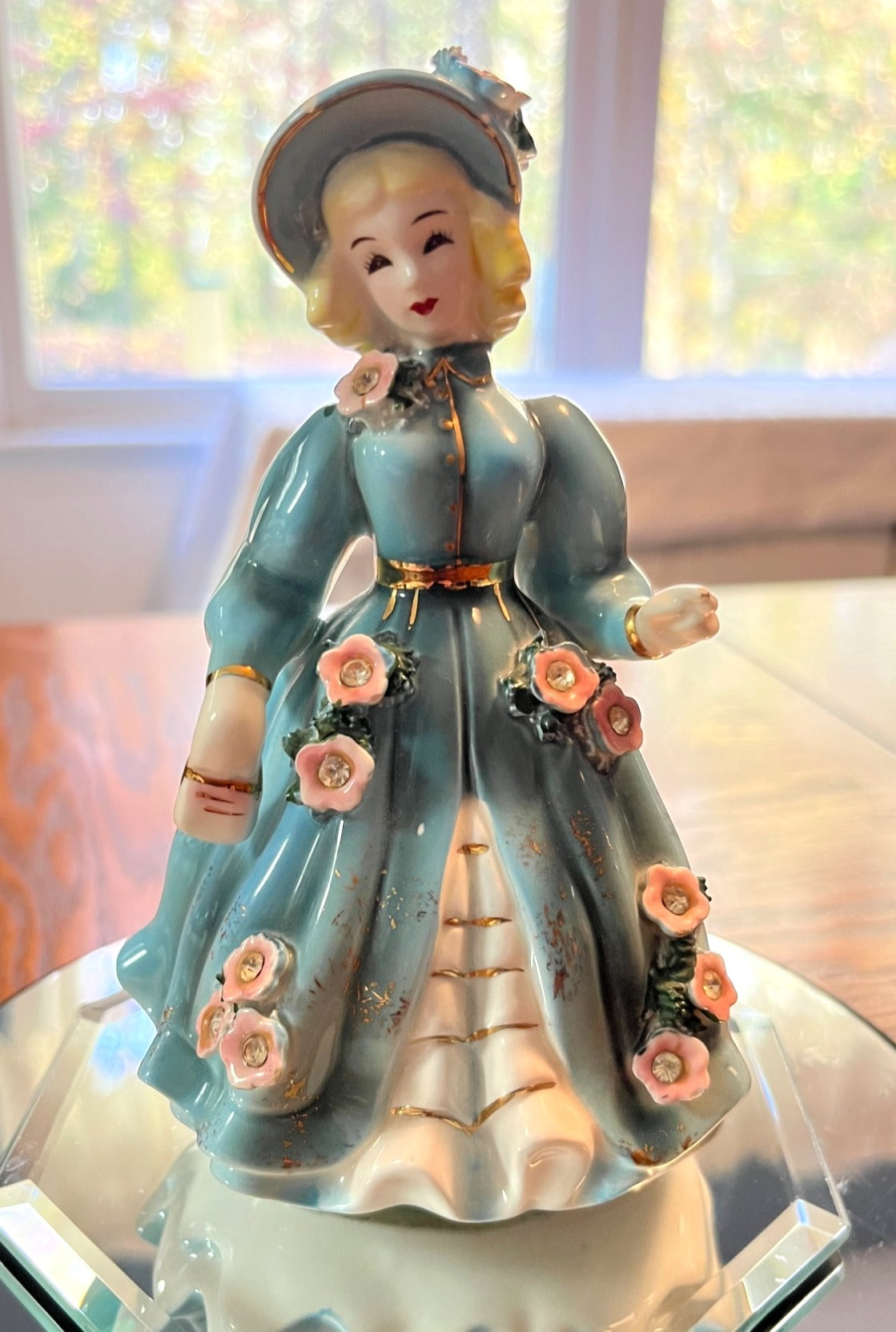 Vintage 1956 Josef Originals Figurine Girl In Blue Dress With Pink Flowers Rhinestones and Purse. 6" tall