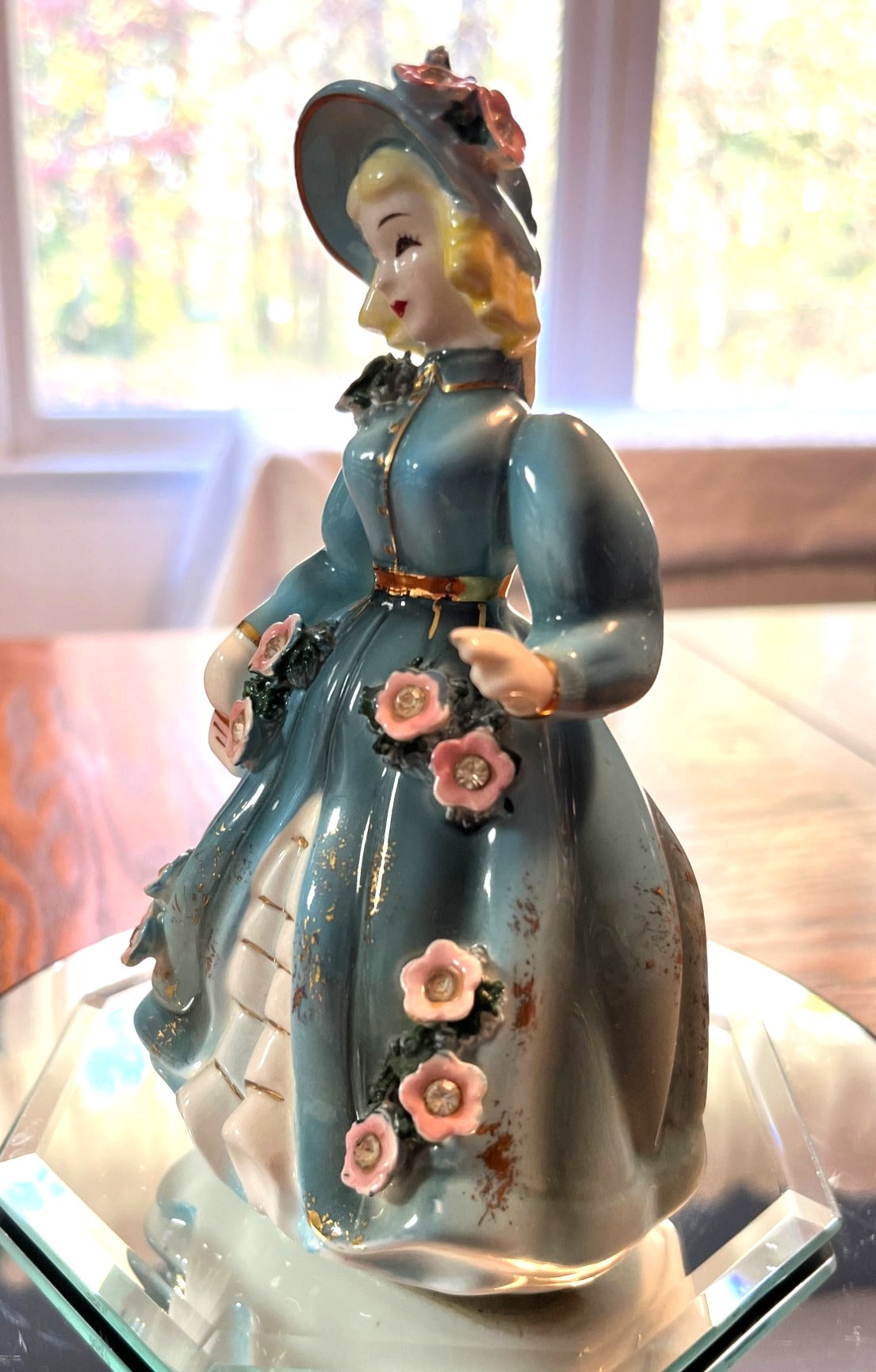 Vintage 1956 Josef Originals Figurine Girl In Blue Dress With Pink Flowers Rhinestones and Purse. 6" tall