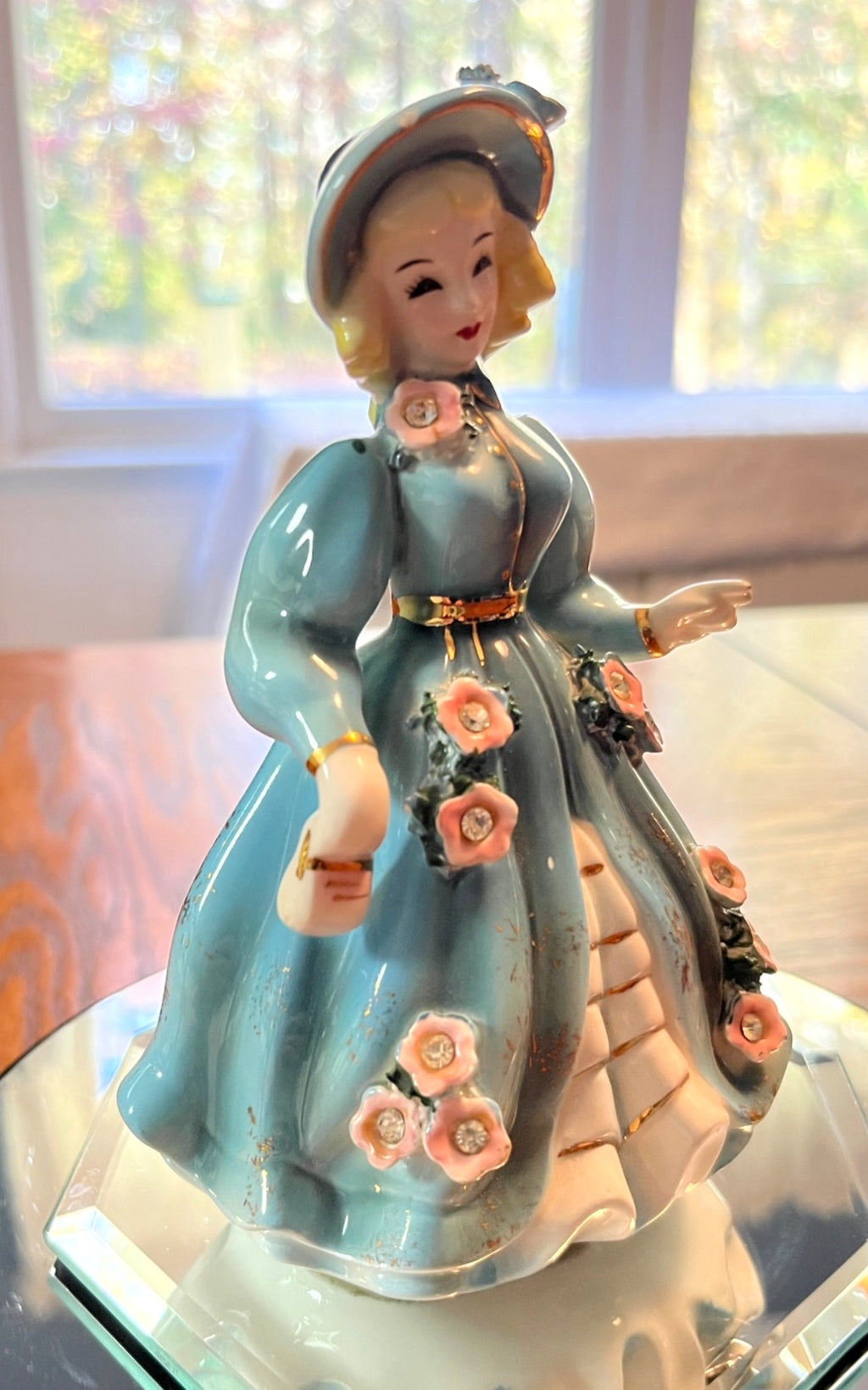 Vintage 1956 Josef Originals Figurine Girl In Blue Dress With Pink Flowers Rhinestones and Purse. 6" tall