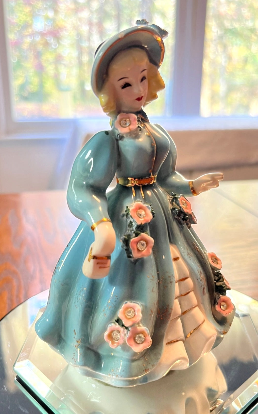 Vintage 1956 Josef Originals Figurine Girl In Blue Dress With Pink Flowers Rhinestones and Purse. 6" tall