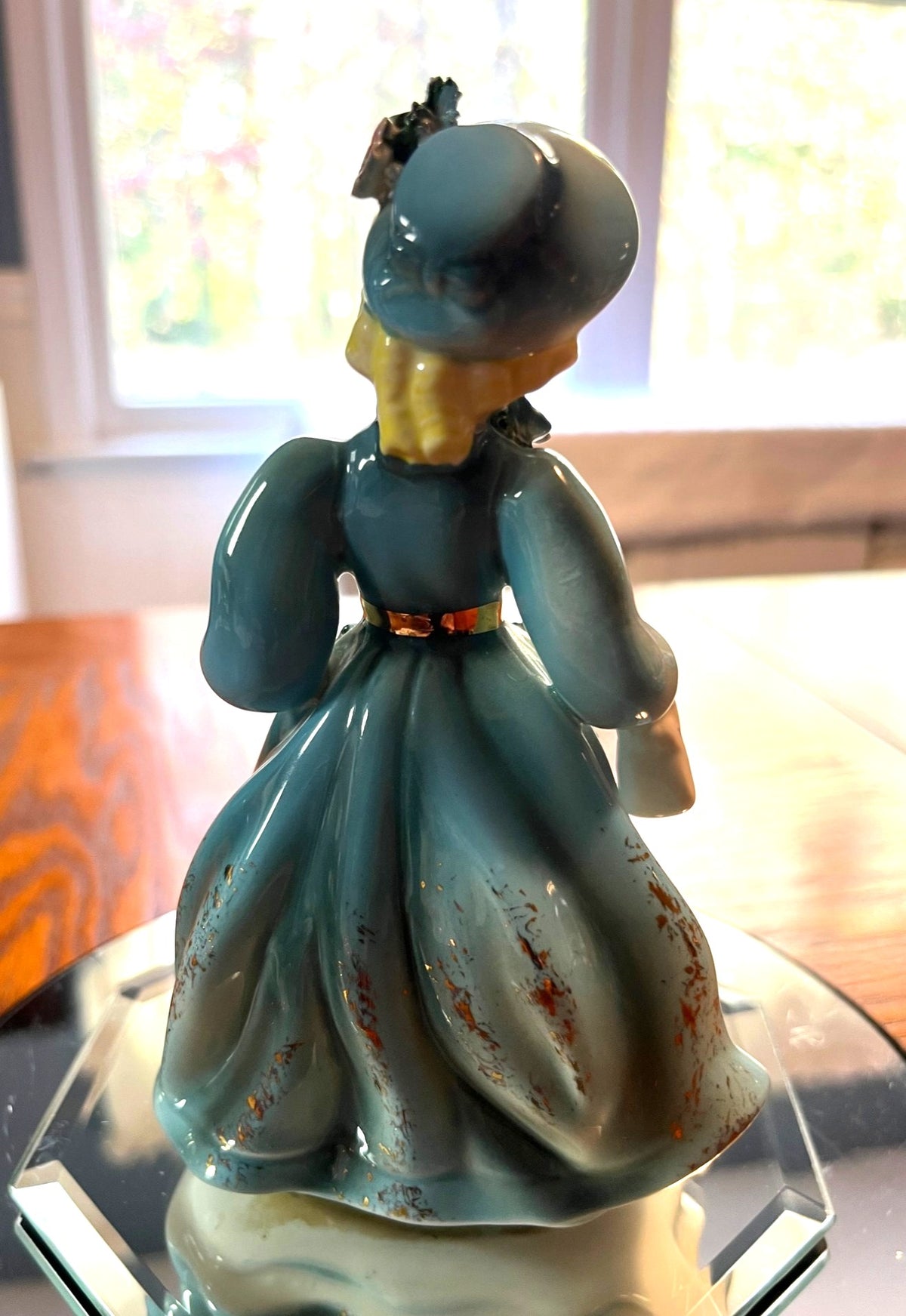 Vintage 1956 Josef Originals Figurine Girl In Blue Dress With Pink Flowers Rhinestones and Purse. 6" tall