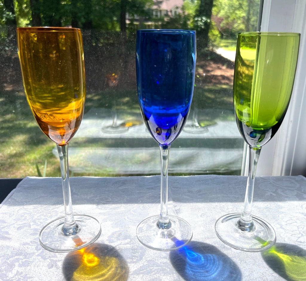 Set Of 3 Colorful Glass Champagne Flutes In Amber Blue & Green With Clear Stems 9" tall