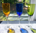 Set Of 3 Colorful Glass Champagne Flutes In Amber Blue & Green With Clear Stems 9" tall