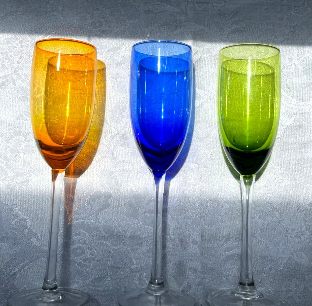 Set Of 3 Colorful Glass Champagne Flutes In Amber Blue & Green With Clear Stems 9" tall