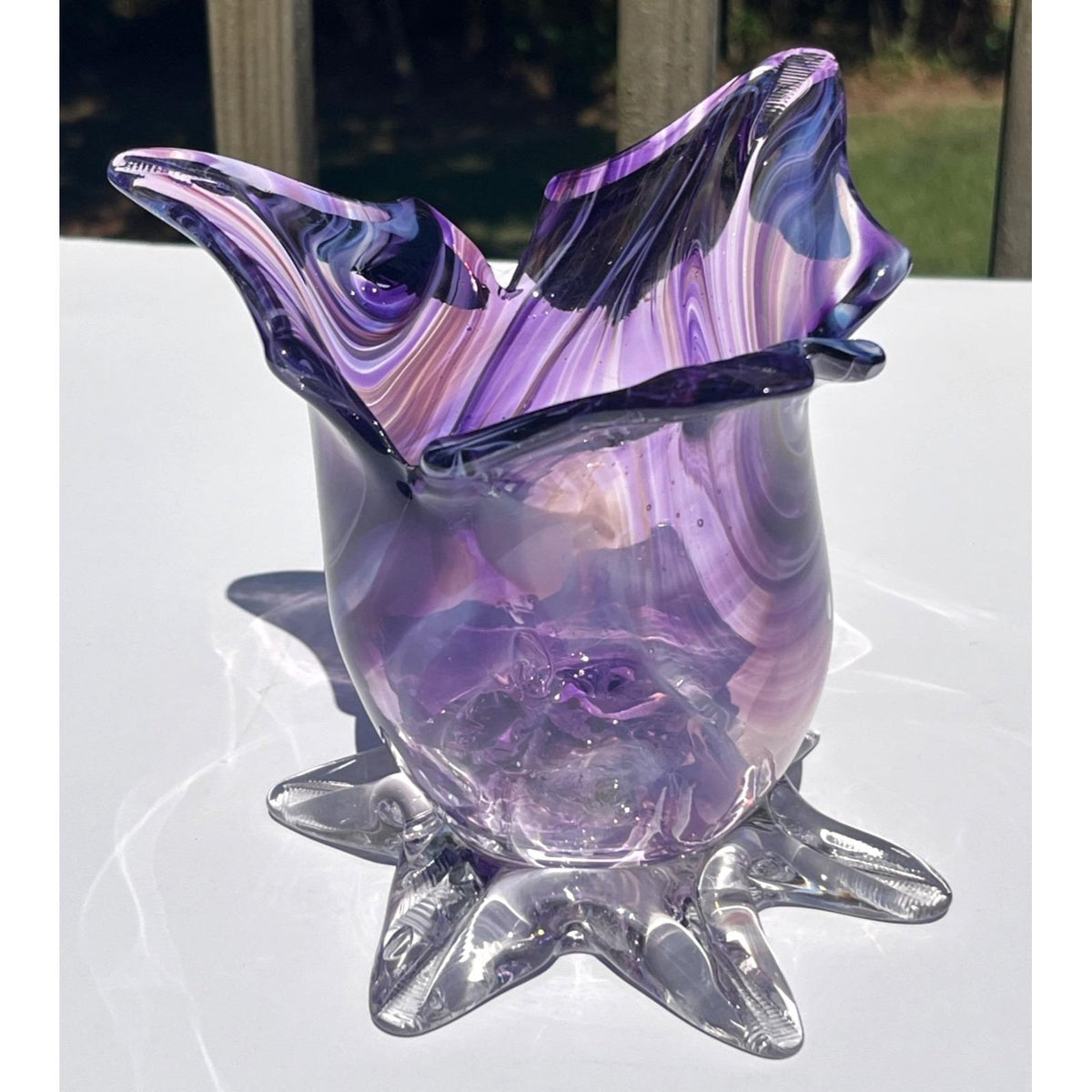 Vintage Hand Blown Murano Art Glass Vase Flared Ruffled Edge And Clear Starfish Base 5" Tall