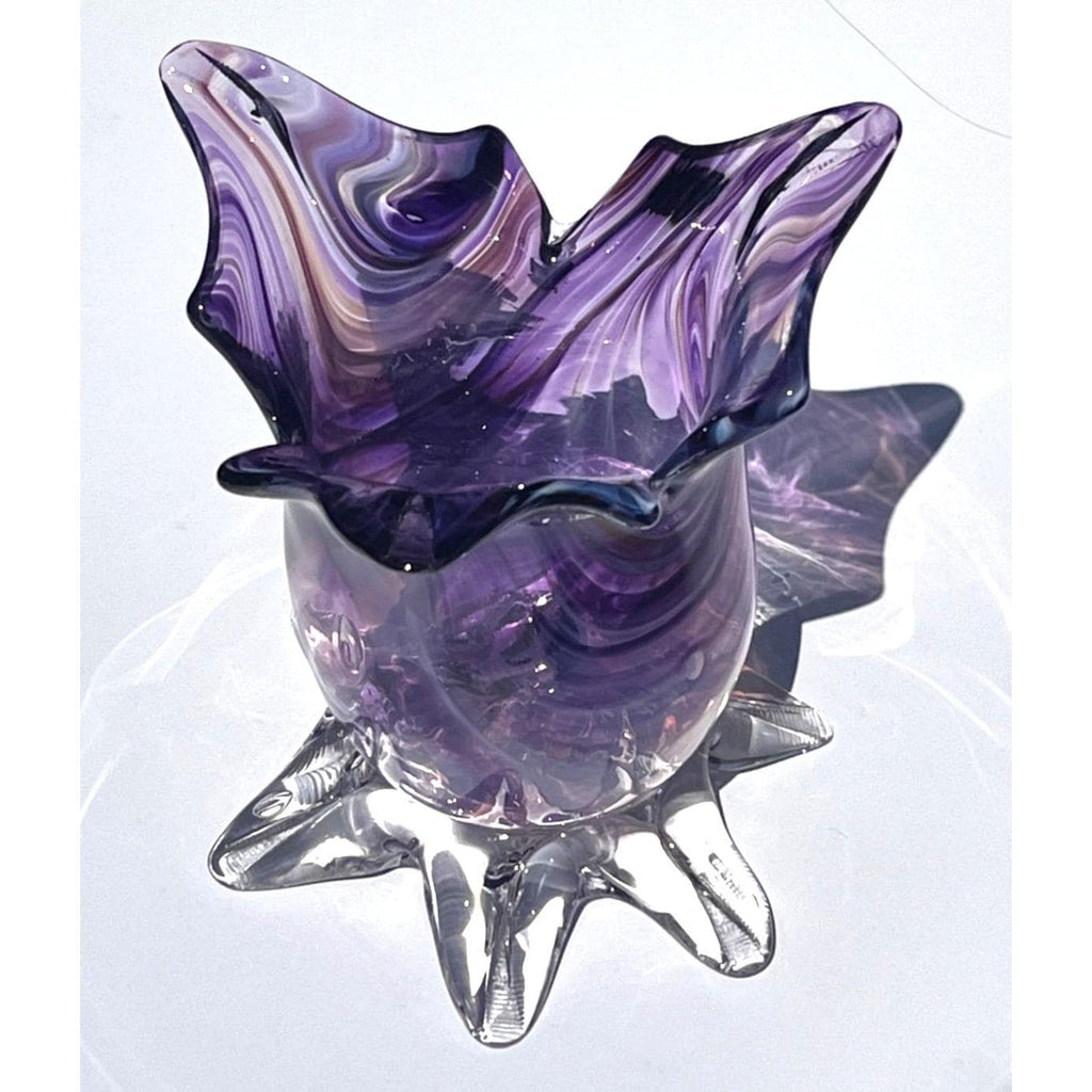 Vintage Hand Blown Murano Art Glass Vase Flared Ruffled Edge And Clear Starfish Base 5" Tall