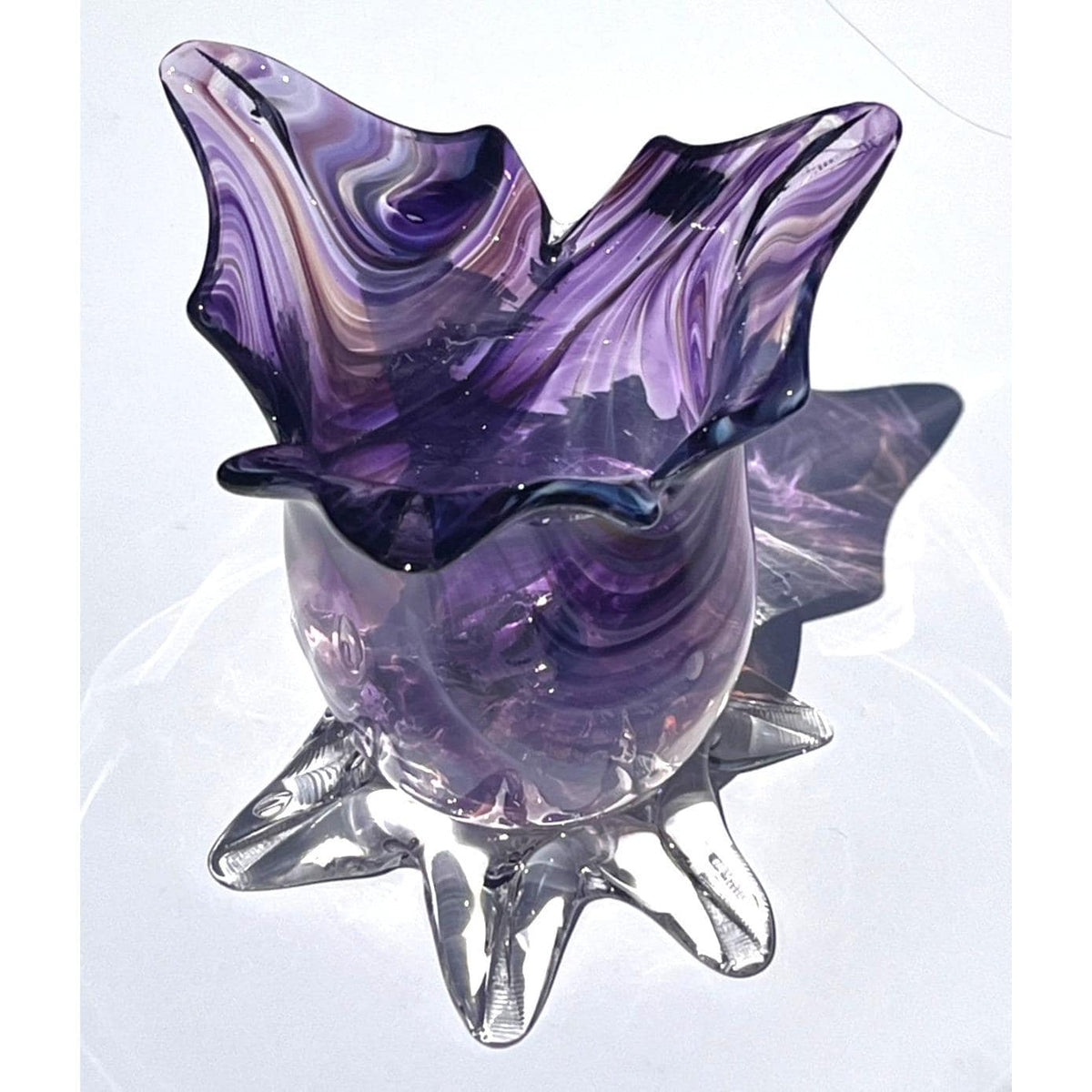 Vintage Hand Blown Murano Art Glass Vase Flared Ruffled Edge And Clear Starfish Base 5" Tall