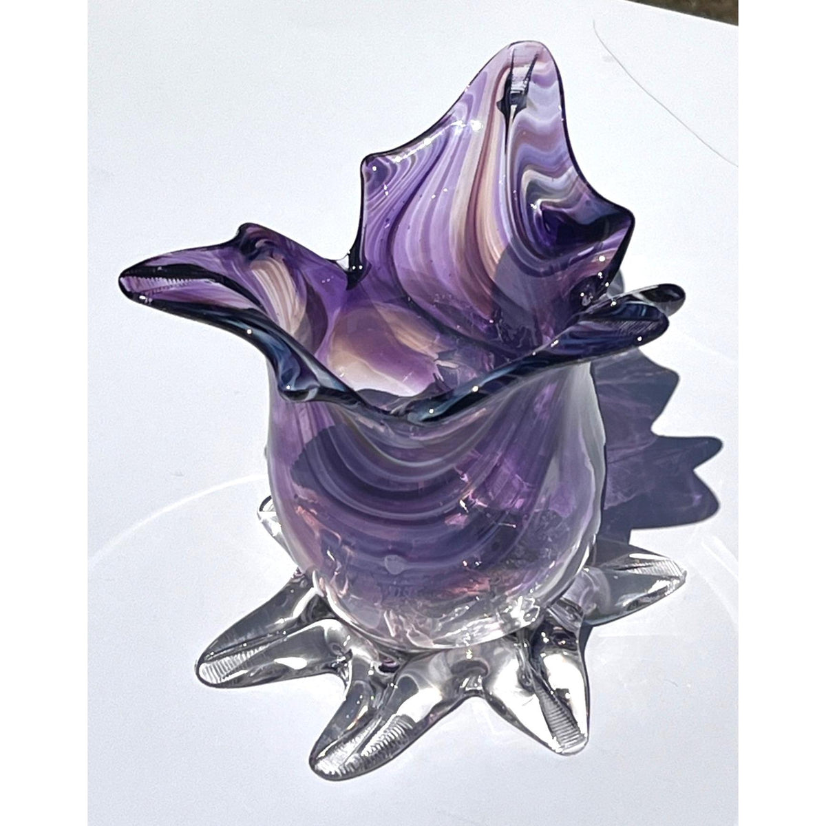 Vintage Hand Blown Murano Art Glass Vase Flared Ruffled Edge And Clear Starfish Base 5" Tall