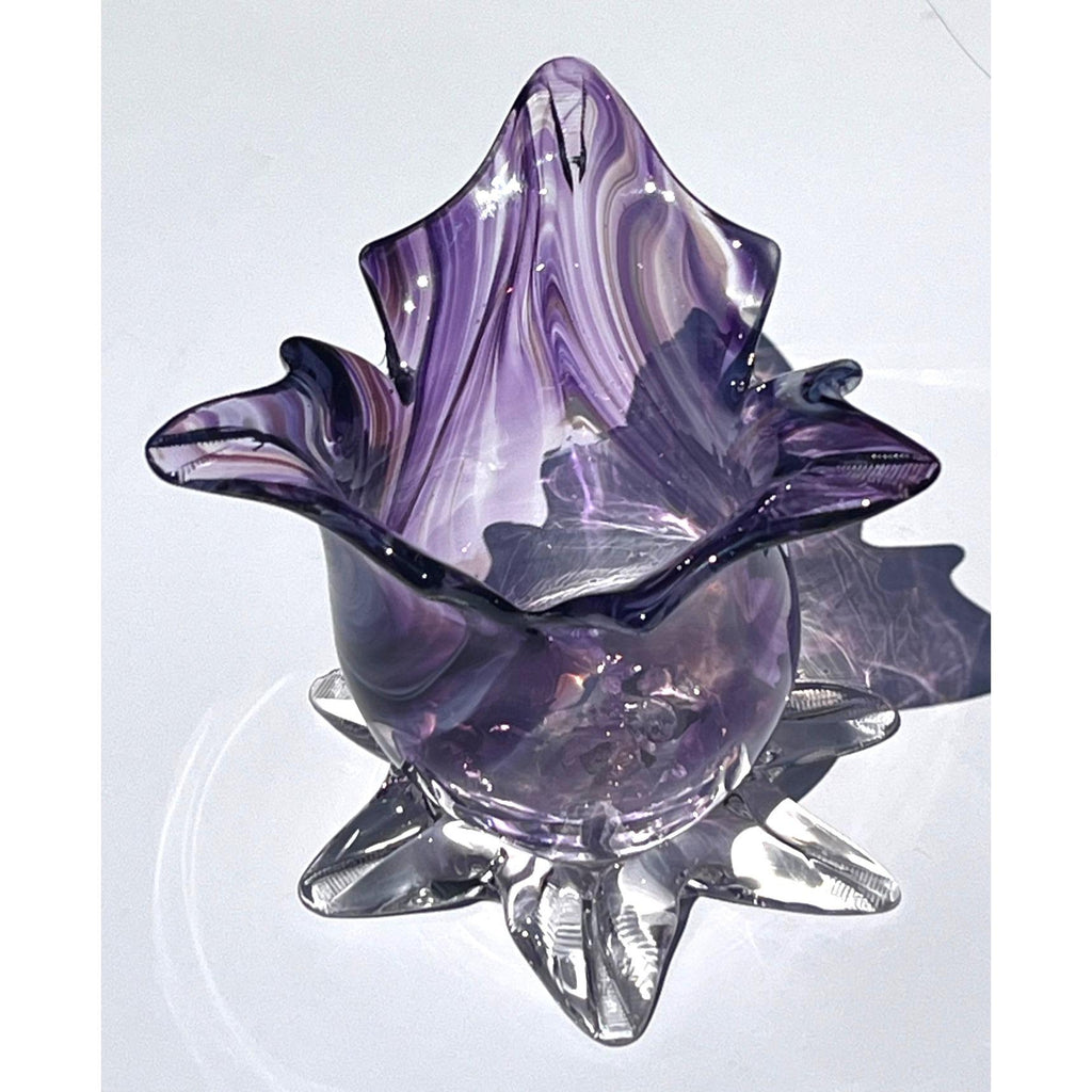 Vintage Hand Blown Murano Art Glass Vase Flared Ruffled Edge And Clear Starfish Base 5" Tall