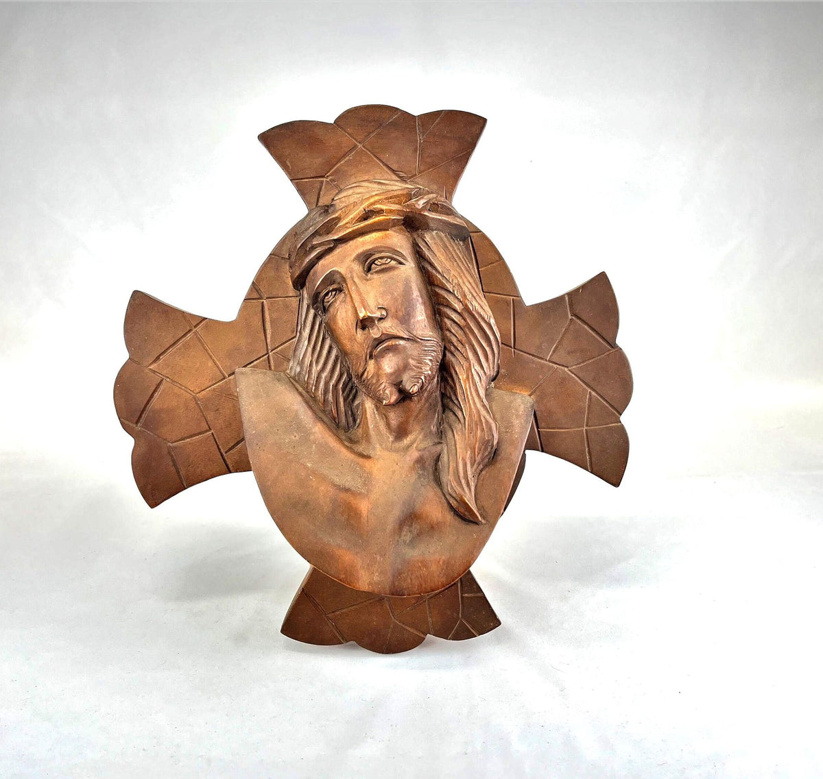 Vintage Cross and Face of Jesus Hand Carved Solid Wood. 14" x 16" x 3.5"