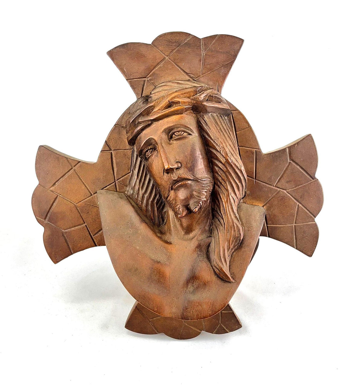 Vintage Cross and Face of Jesus Hand Carved Solid Wood. 14" x 16" x 3.5"
