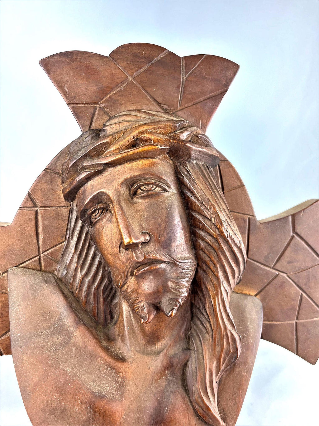 Vintage Cross and Face of Jesus Hand Carved Solid Wood. 14" x 16" x 3.5"