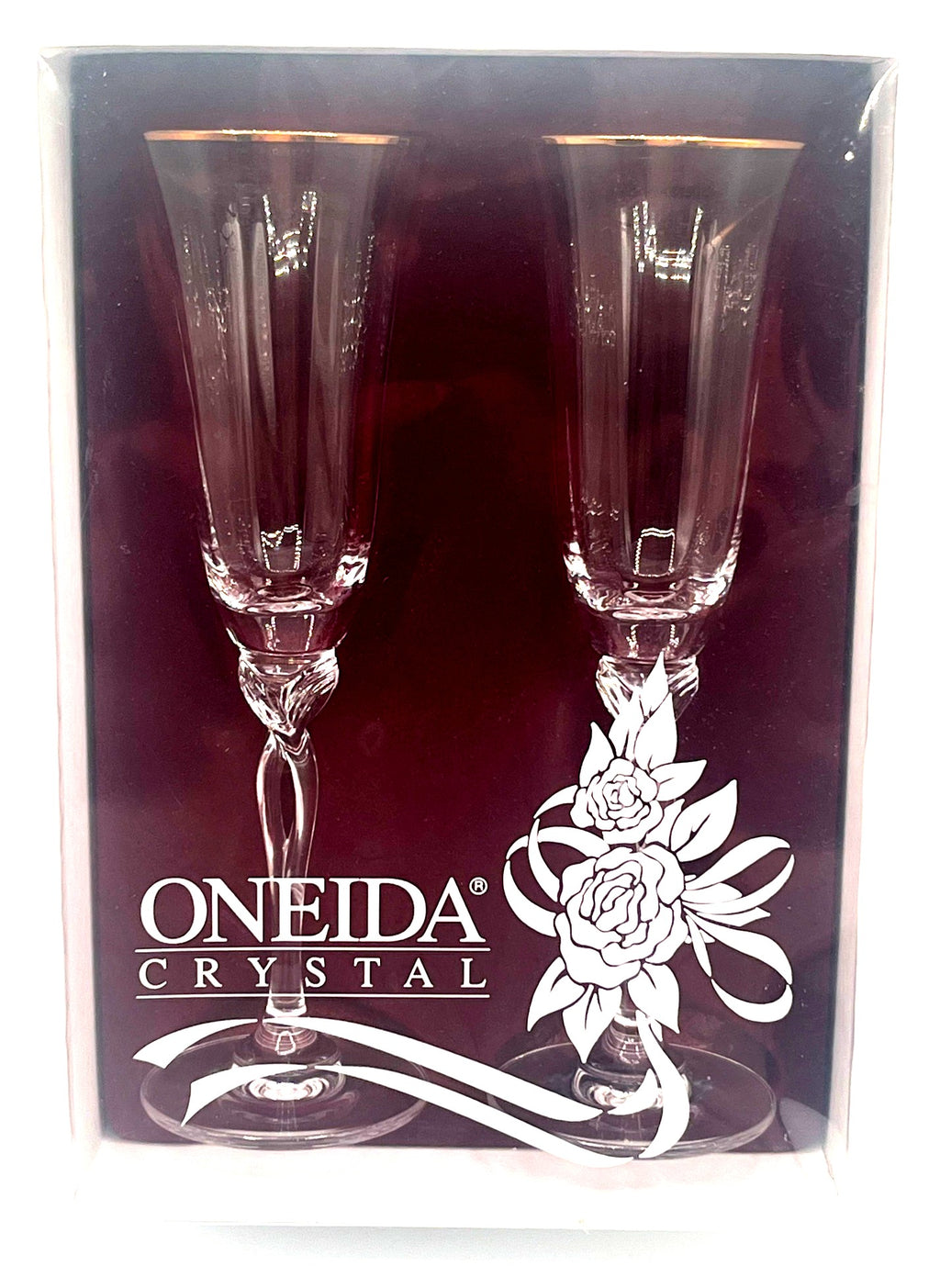 Oneida Crystal Toasting Flutes Pair 24% Lead Crystal 5 Oz 22K Gold Band