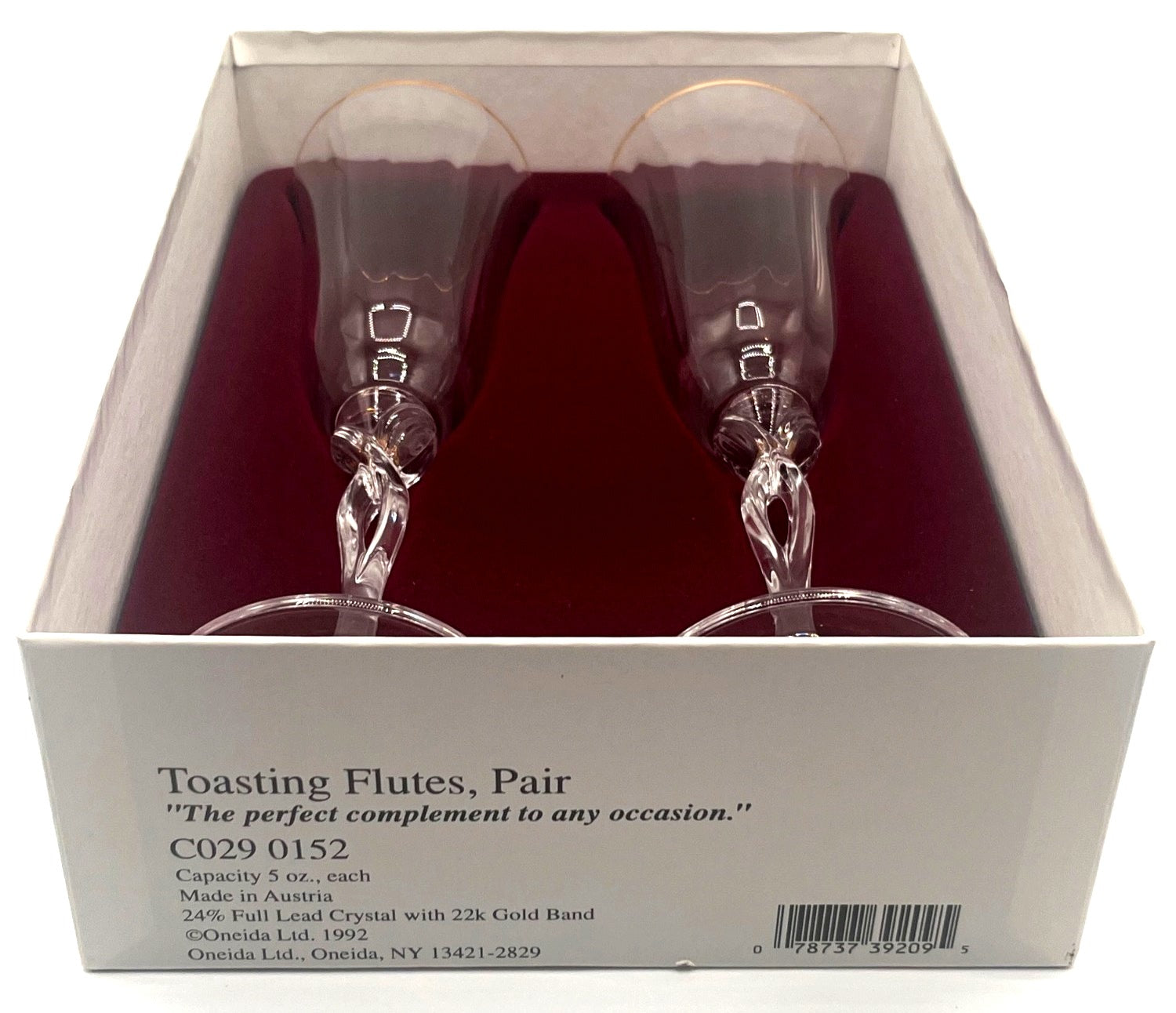 Oneida Crystal Toasting Flutes Pair 24% Lead Crystal 5 Oz 22K Gold Band