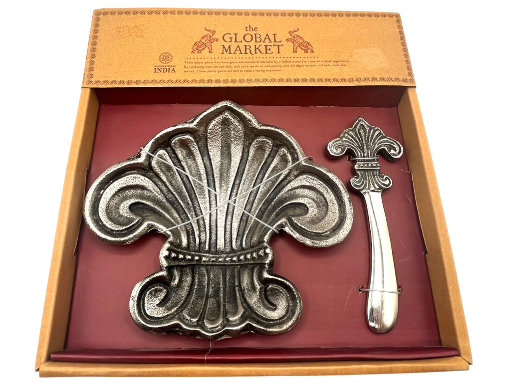 Fluer De Lis Metal Serving Dish and Spreader Set Global Market Handcrafted India