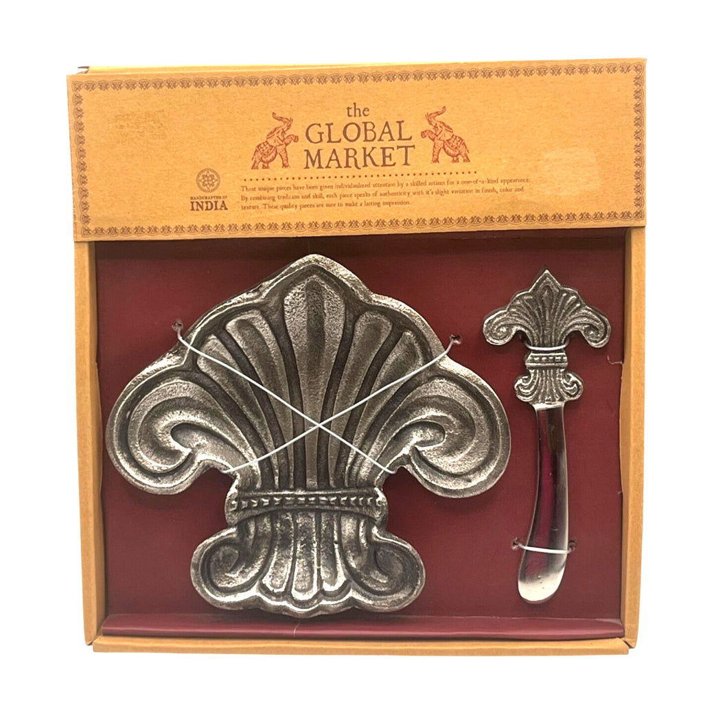 Fluer De Lis Metal Serving Dish and Spreader Set Global Market Handcrafted India