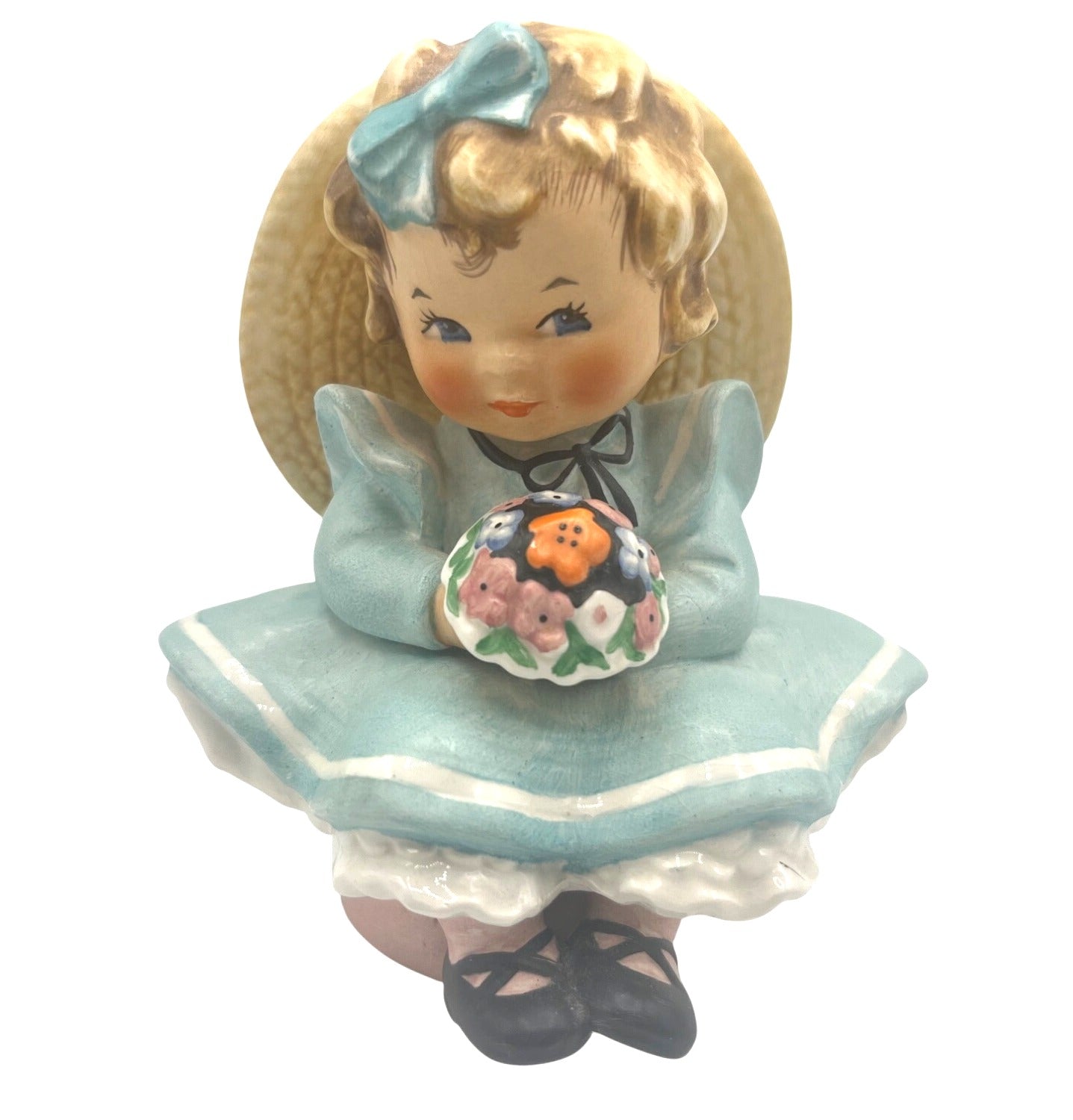 Hummel Goebel 1957 Girl Figurine Sitting Pretty With Straw Hat & Bouquet Of Flowers Rare Collectible Handcrafted Ceramic Germany 5" Tall