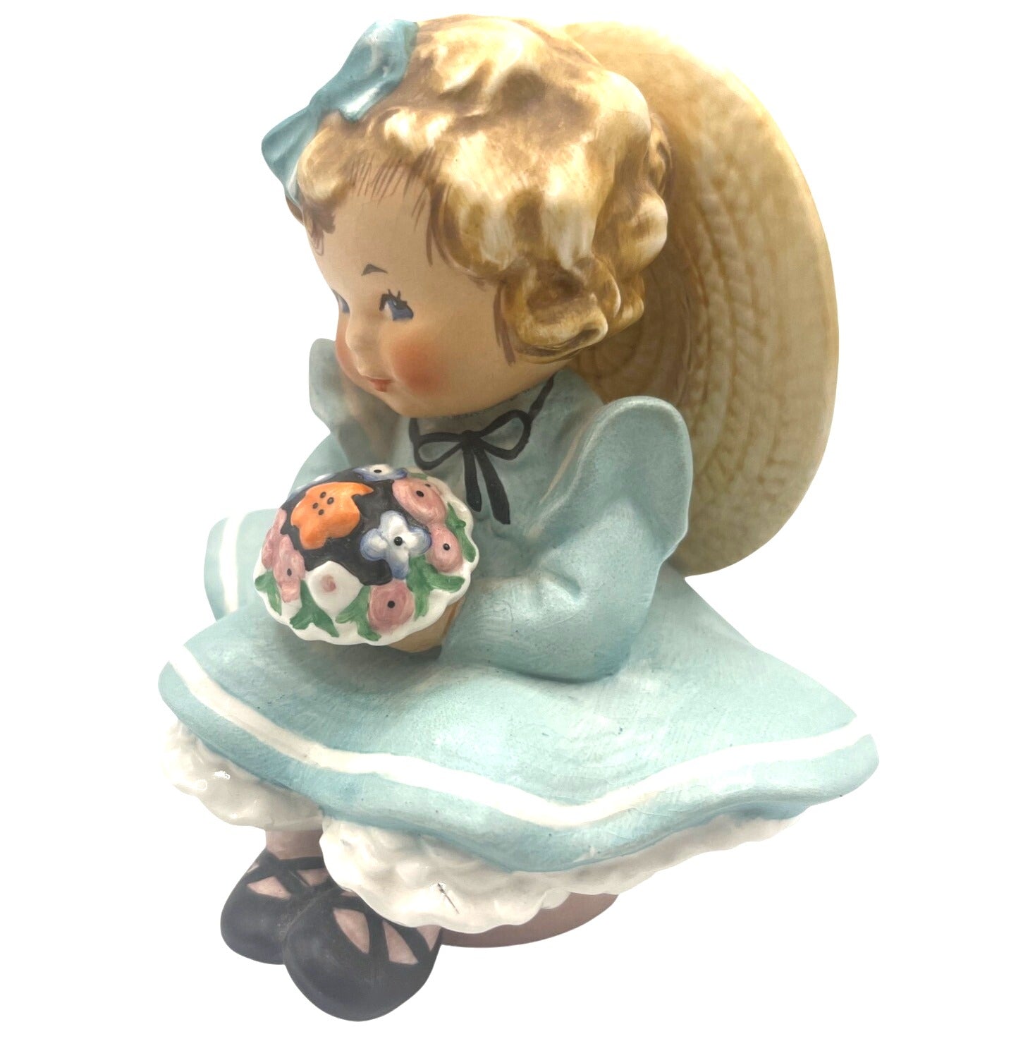 Hummel Goebel 1957 Girl Figurine Sitting Pretty With Straw Hat & Bouquet Of Flowers Rare Collectible Handcrafted Ceramic Germany 5" Tall