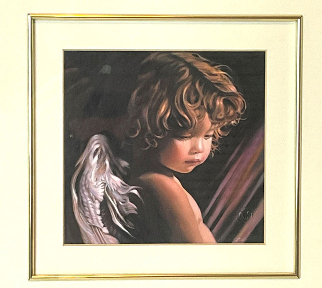 Rare Framed Print of Nancy Noel's Painting Angel Looking Down. Signed Embossed Certificate. Custom Frame. 18.75" x 16.75"