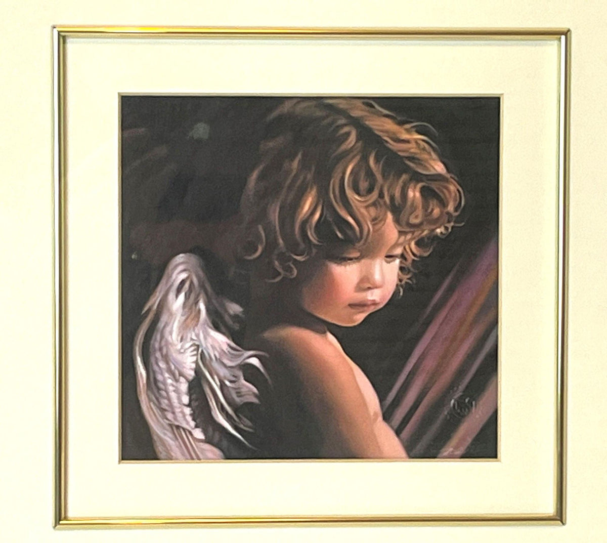 Rare Framed Print of Nancy Noel's Painting Angel Looking Down. Signed Embossed Certificate. Custom Frame. 18.75" x 16.75"