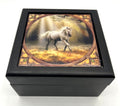 Black Wooden Jewelry Box With Anne Stokes "Glimpse of a Unicorn" Artwork Tile on Hinged Lid Lined Interior Square Shape 5x5 Inches