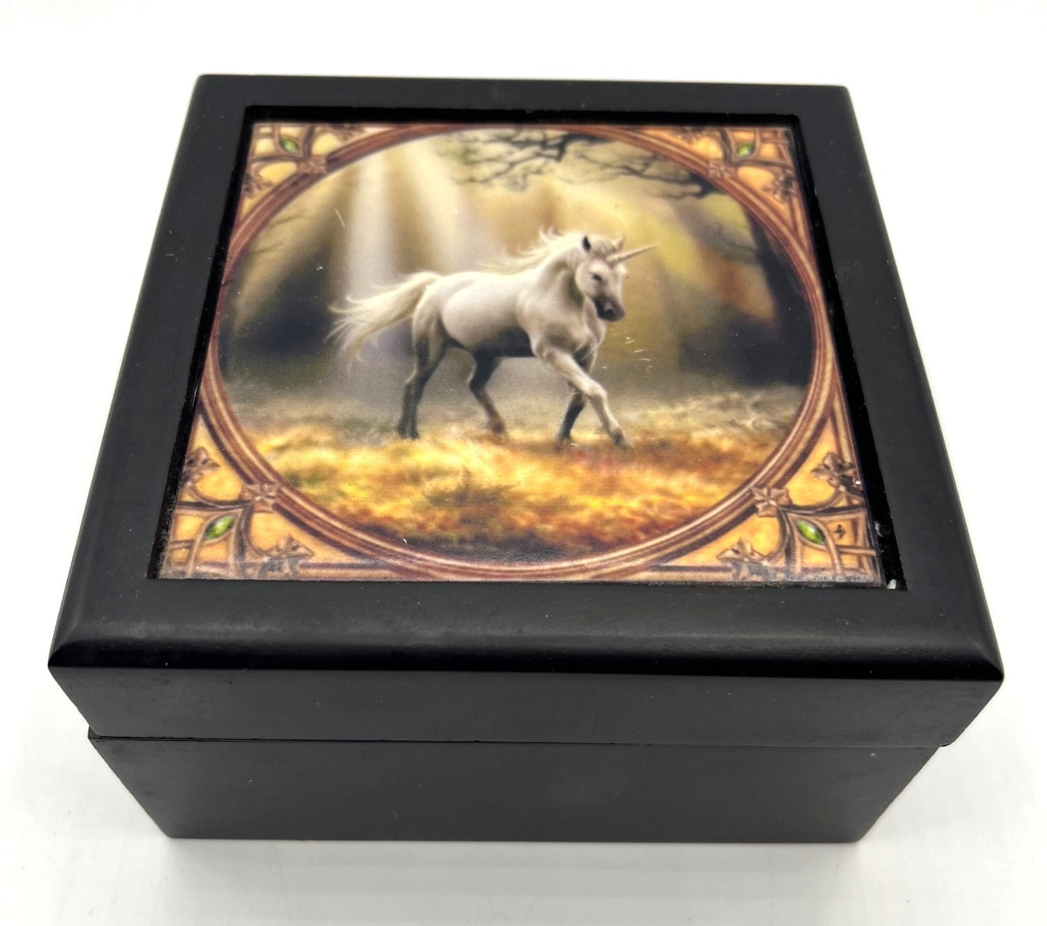 Black Wooden Jewelry Box With Anne Stokes "Glimpse of a Unicorn" Artwork Tile on Hinged Lid Lined Interior Square Shape 5x5 Inches