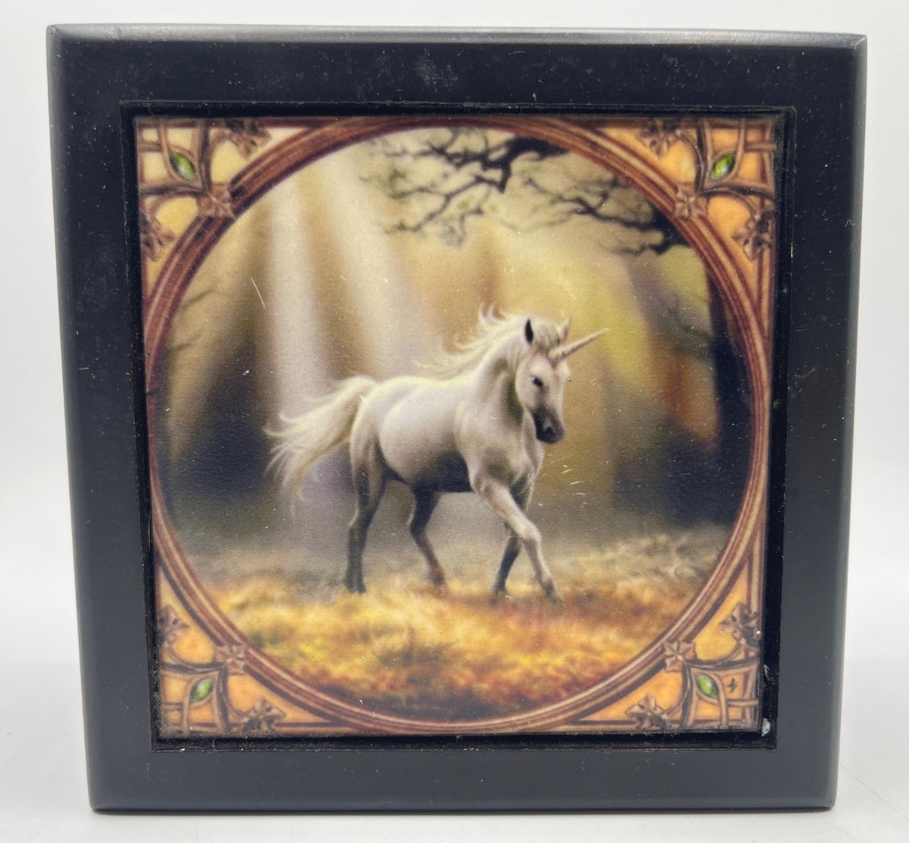Black Wooden Jewelry Box With Anne Stokes "Glimpse of a Unicorn" Artwork Tile on Hinged Lid Lined Interior Square Shape 5x5 Inches