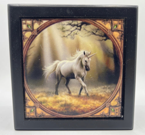 Black Wooden Jewelry Box With Anne Stokes "Glimpse of a Unicorn" Artwork Tile on Hinged Lid Lined Interior Square Shape 5x5 Inches