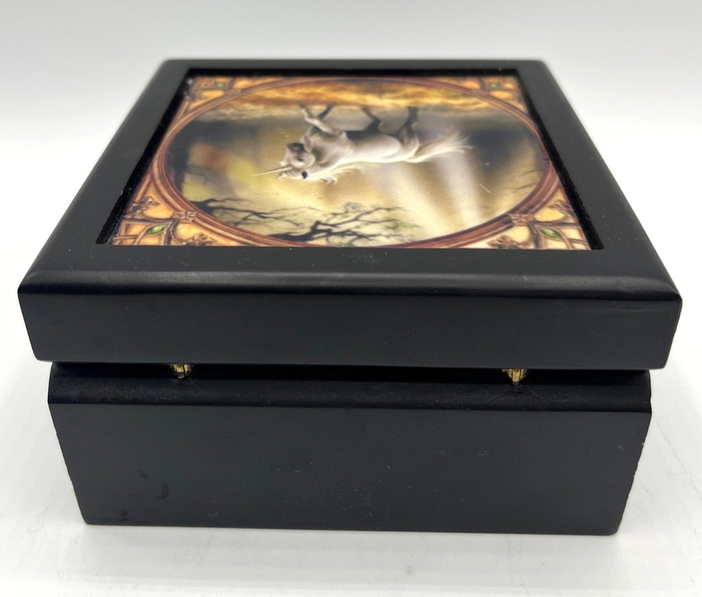 Black Wooden Jewelry Box With Anne Stokes "Glimpse of a Unicorn" Artwork Tile on Hinged Lid Lined Interior Square Shape 5x5 Inches