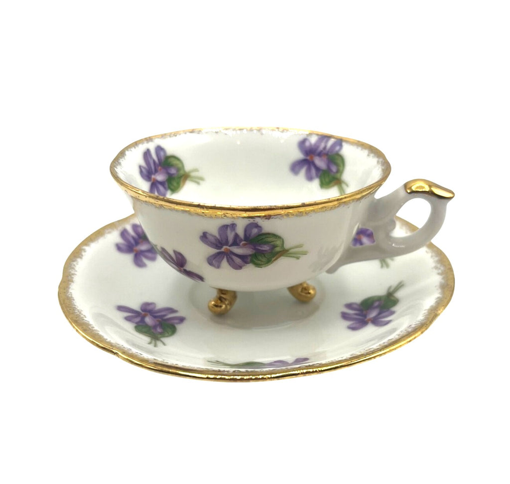 Antique Cherry China Violets Tea Cup & Saucer Set With Gold Trim Made in Japan