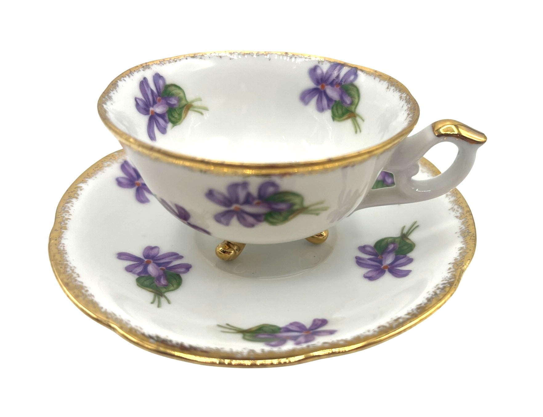 Antique Cherry China Violets Tea Cup & Saucer Set With Gold Trim Made in Japan