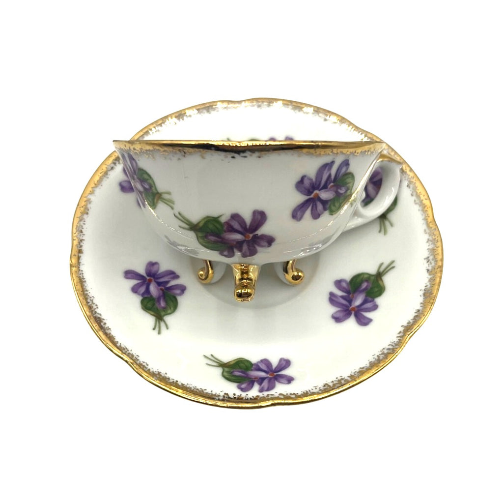 Antique Cherry China Violets Tea Cup & Saucer Set With Gold Trim Made in Japan