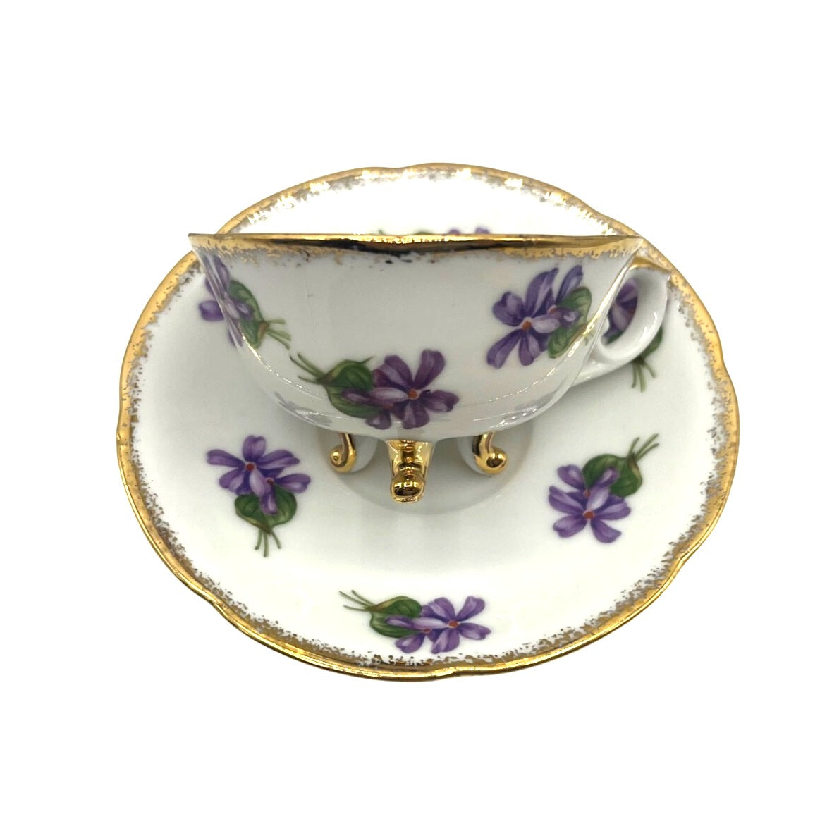 Antique Cherry China Violets Tea Cup & Saucer Set With Gold Trim Made in Japan