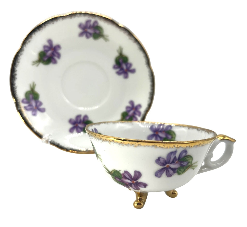 Antique Cherry China Violets Tea Cup & Saucer Set With Gold Trim Made in Japan