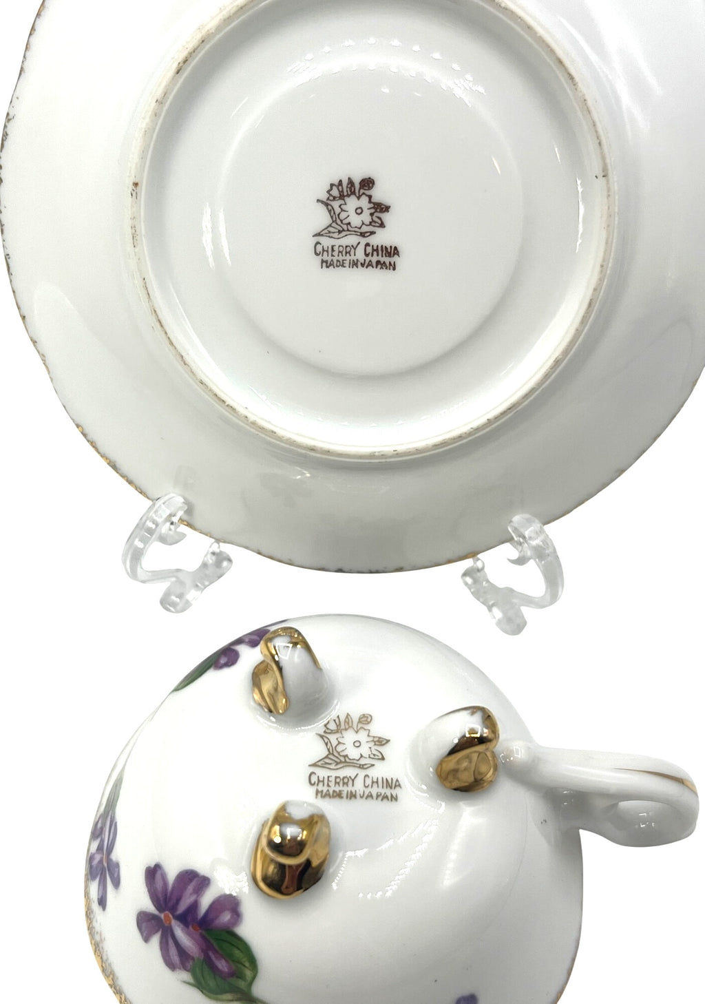 Antique Cherry China Violets Tea Cup & Saucer Set With Gold Trim Made in Japan