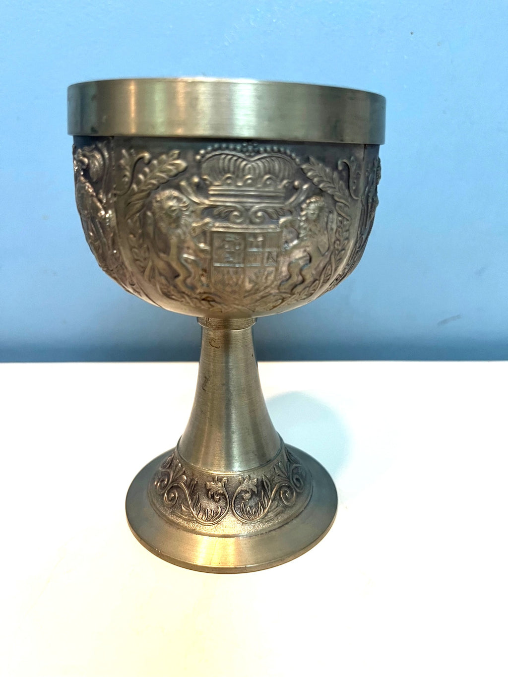 Vintage German BMF Rein Zinn Pewter Goblet Coat of Arms and Embossed Figures 5" high