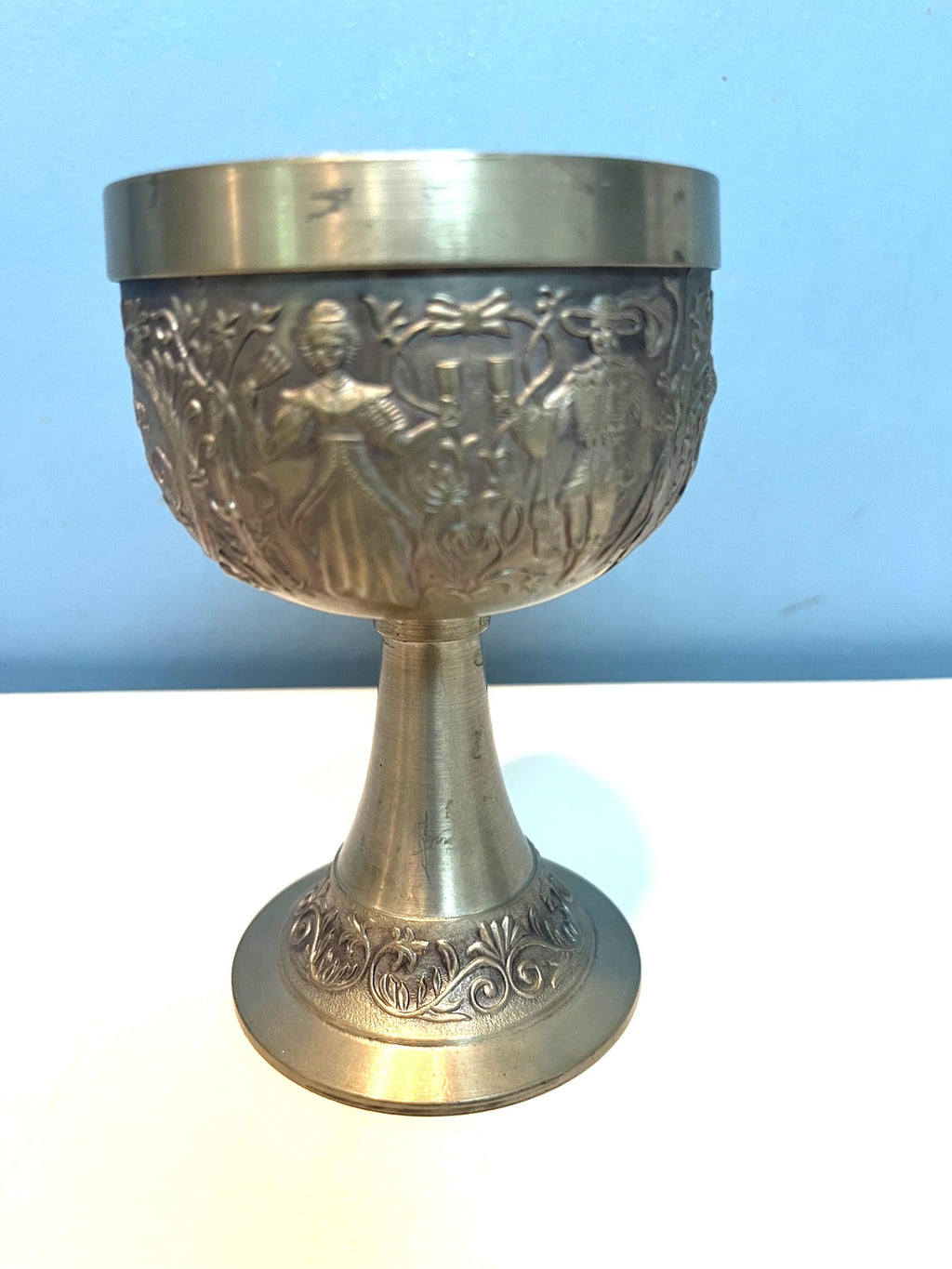Vintage German BMF Rein Zinn Pewter Goblet Coat of Arms and Embossed Figures 5" high