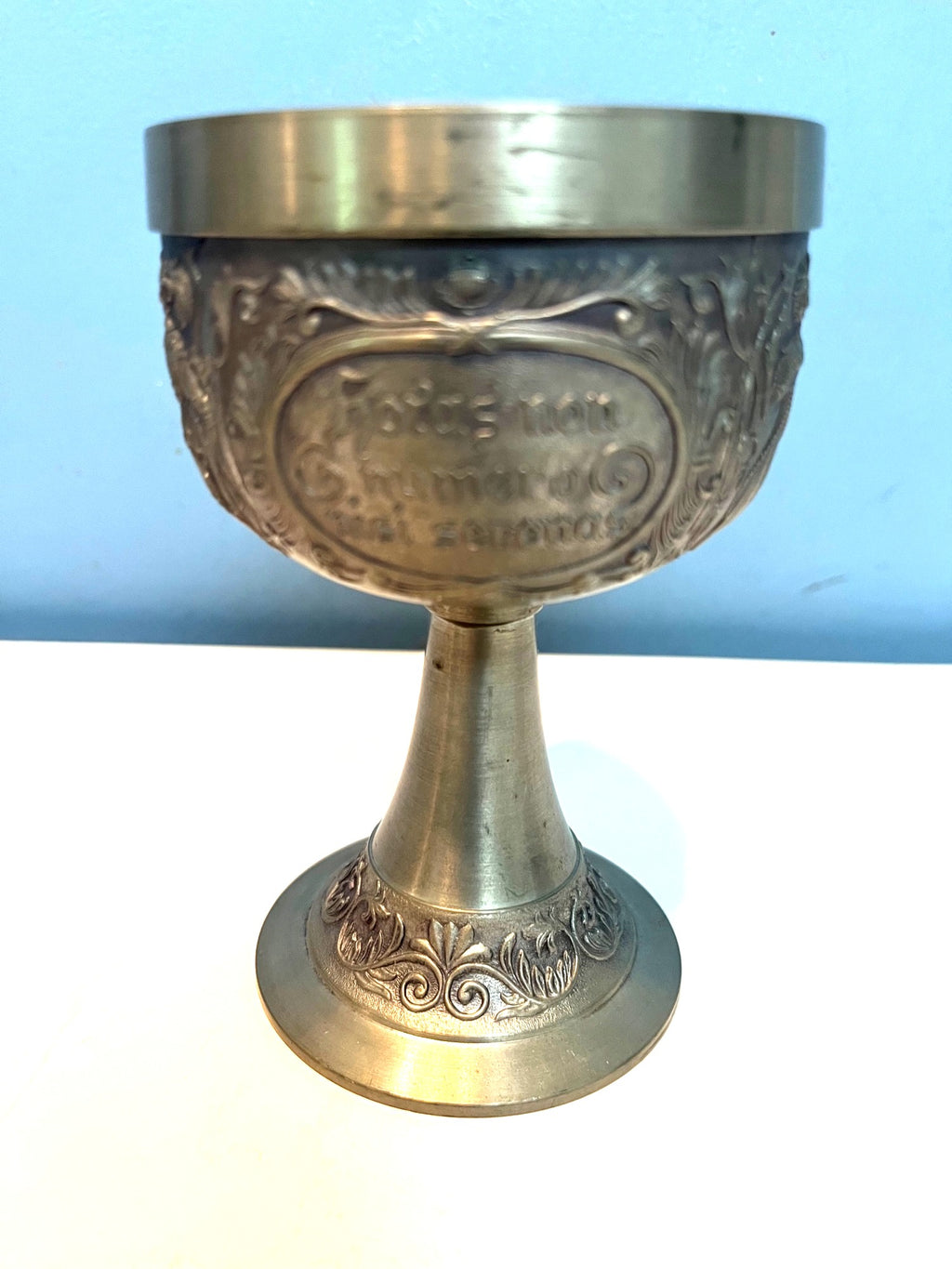 Vintage German BMF Rein Zinn Pewter Goblet Coat of Arms and Embossed Figures 5" high