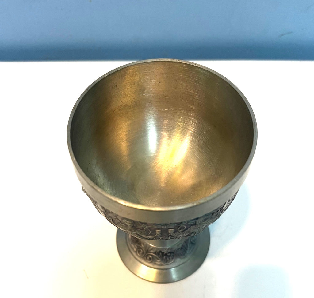 Vintage German BMF Rein Zinn Pewter Goblet Coat of Arms and Embossed Figures 5" high