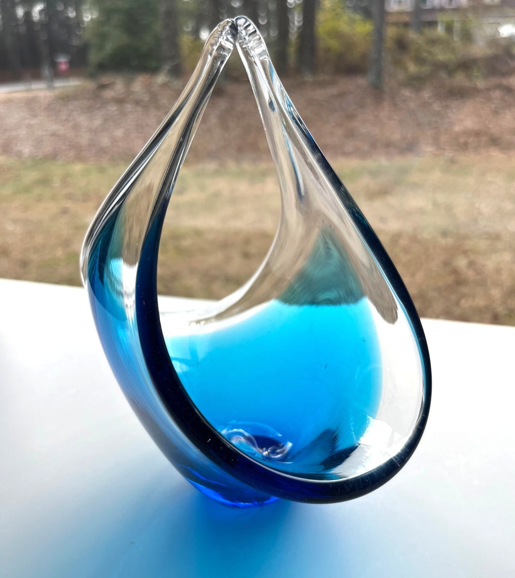 Vintage Murano Style Blue & Clear Venetian Art Glass Teardrop Sculpture 7" tall