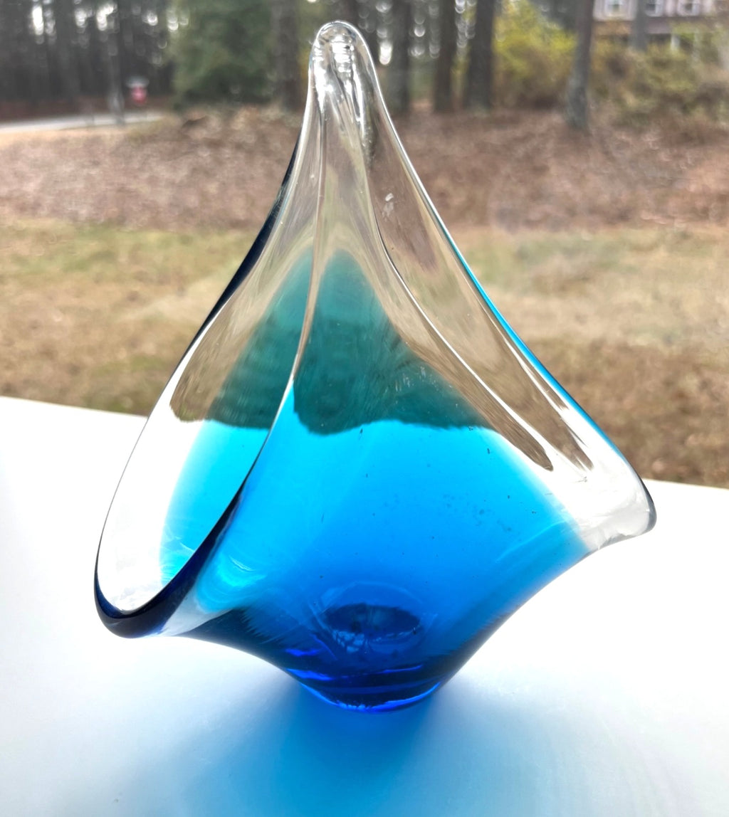 Vintage Murano Style Blue & Clear Venetian Art Glass Teardrop Sculpture 7" tall