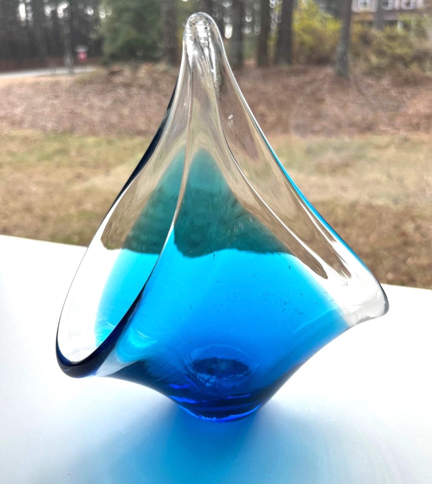 Vintage Murano Style Blue & Clear Venetian Art Glass Teardrop Sculpture 7" tall